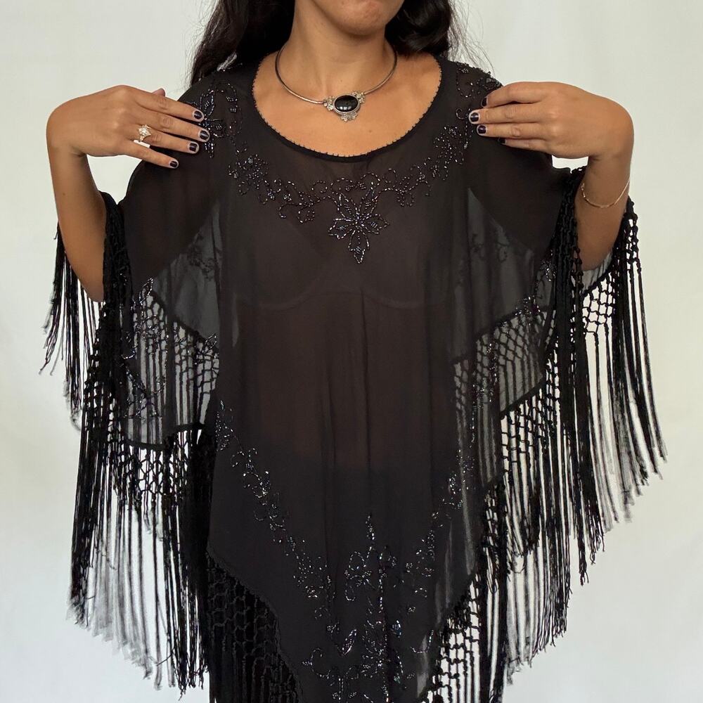 Black Beaded Chiffon Fringe Evening Cape Poncho Whimsygoth